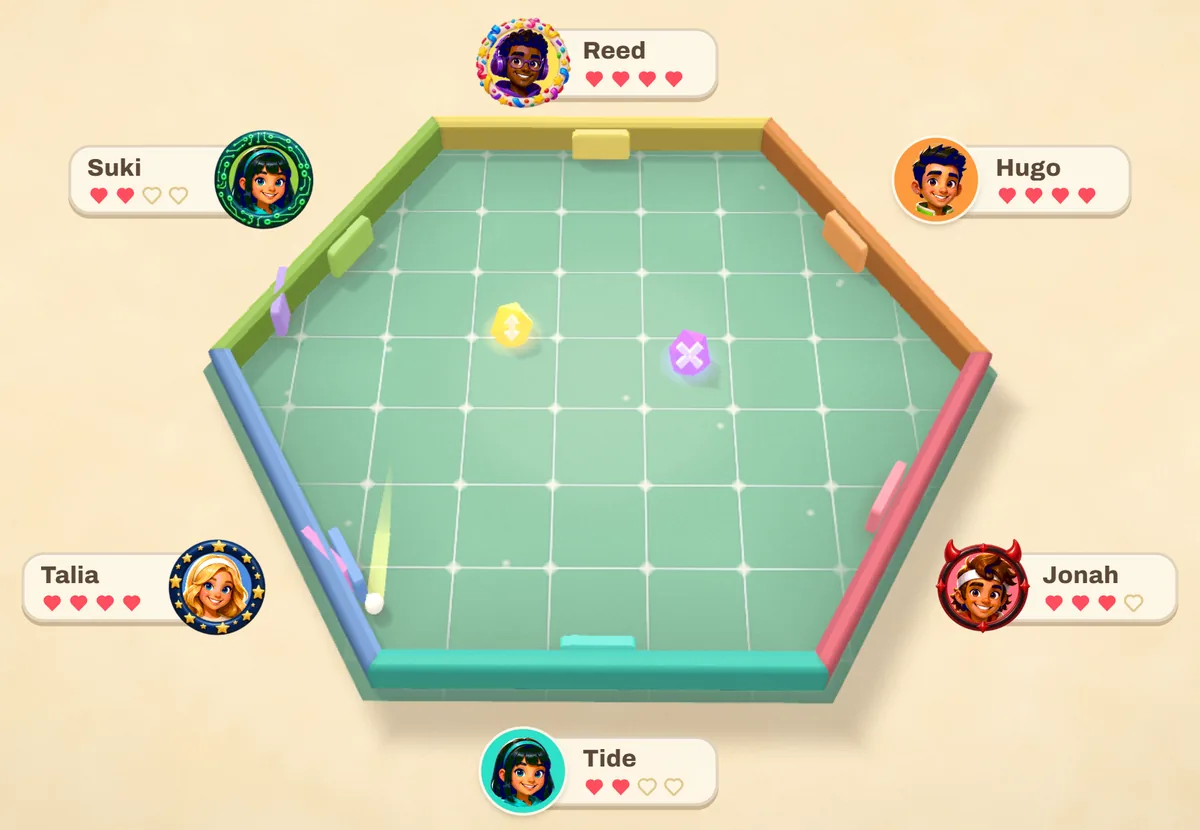 A six-player PPong match: a hexagonal arena with a coloured paddle on each side, player portraits and lives around it, and two power-up tokens on the felt